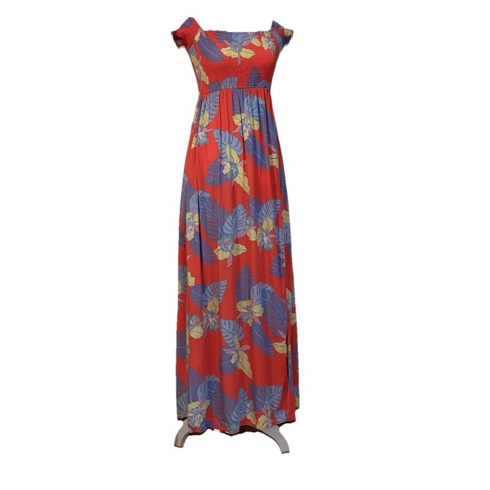 Lulus Tropical Smocked Maxi Dress Womens Small Floral Hawaiian Rayon Shoulder